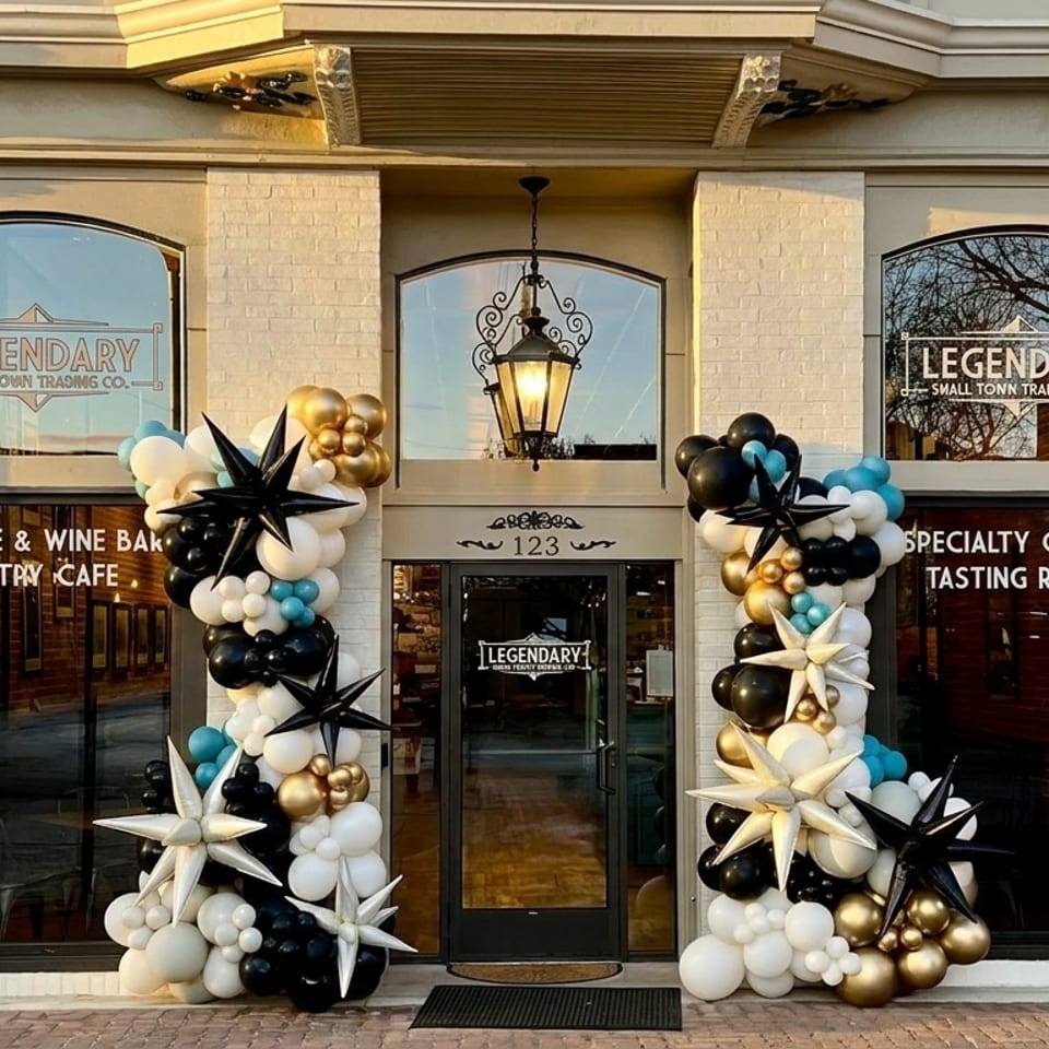 The storefront of Legendary Small Town Trading Co. adorned with black, white, gold, and blue balloons.
