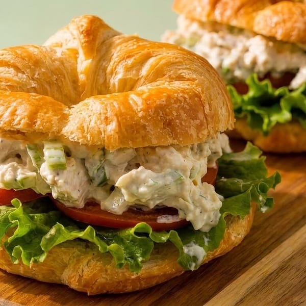 Two chicken salad croissant sandwiches with lettuce and tomato on a wooden board.
