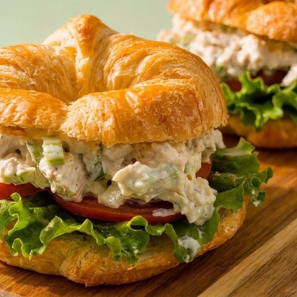 Two chicken salad croissant sandwiches with lettuce and tomato on a wooden board.