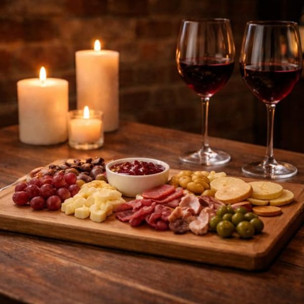 A charcuterie board with meats, cheeses, grapes, and olives, alongside two glasses of red wine and candles.
