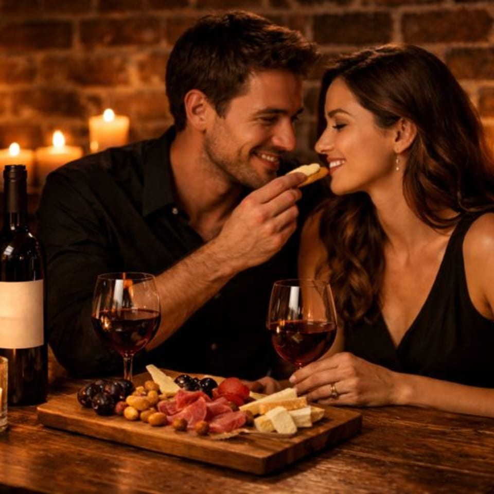 A man feeds a cracker to a smiling woman at a candlelit table with wine and a charcuterie board.
