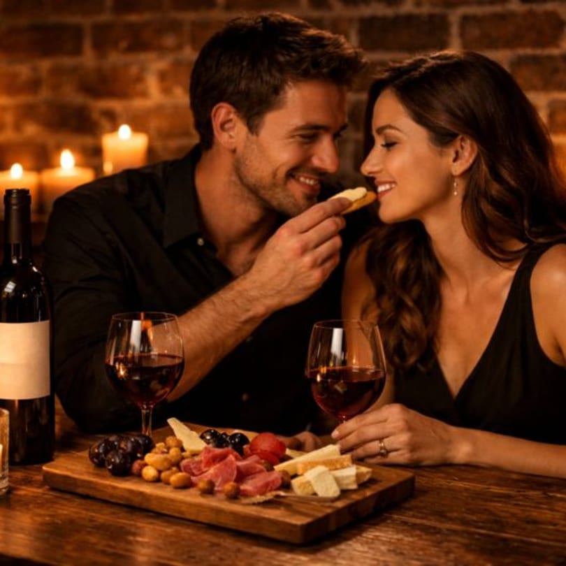 A man feeds a cracker to a smiling woman at a candlelit table with wine and a charcuterie board.