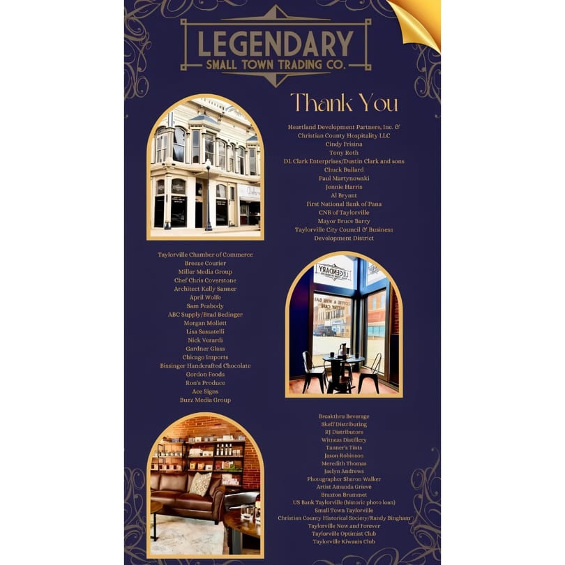 A dark blue poster with gold accents, featuring three images of a building and interior spaces, and a list of names.